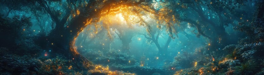 Fototapeta premium Aerial perspective of enchanted forests blending with futuristic labs, scientific marvels intertwined with magical creatures, macro focus on textures