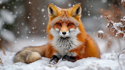 A red fox rests alone in a snowy forest, providing a winter portrait.