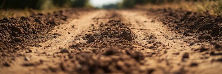 A dirt road with prominent tire tracks, illustrating rural life and travel under sunlight.