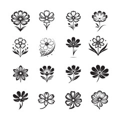 Cosmos Flower Silhouette Vector Icons Set, Elegant Floral Design Elements