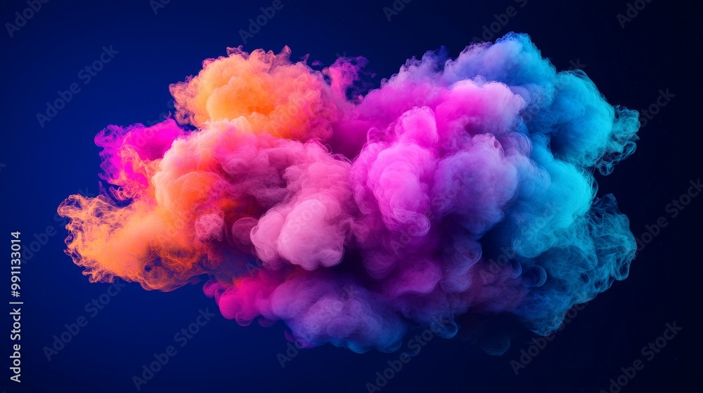 Poster a 3d rendering of a stormy cloud with bright light glowing on an abstract neon background.