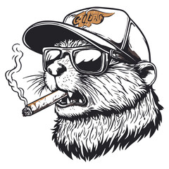 Logo, vector style, black and white, simple design of an angry beaver wearing sunglasses  © RABBI