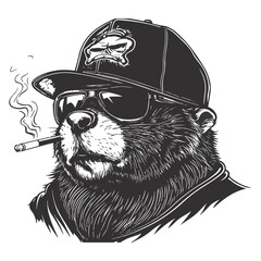 Logo, vector style, black and white, simple design of an angry beaver wearing sunglasses  © RABBI