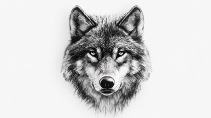 A detailed black and white drawing of a wolf's head with its eyes focused on the viewer.