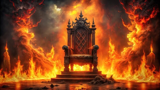 Demonic throne in hell surrounded by fire and brimstone, creating an ominous setting, demon, throne, hell, fire, brimstone