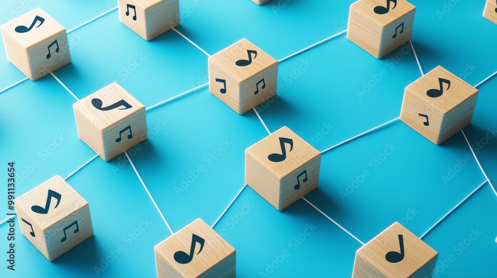 Poster an audio technology concept with a wooden block and music symbol. a white string represents user net
