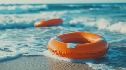 Obraz premium Orange inflatable ring on a sandy beach with a blue ocean behind it.
