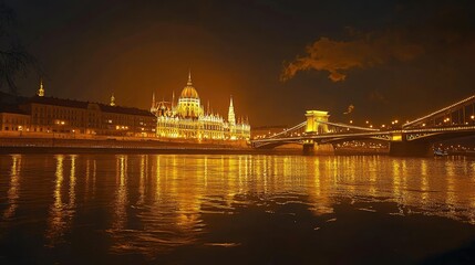 Obraz premium Nighttime in Budapest, with the Chain Bridge and Parliament illuminated, casting golden reflections across the Danube River.