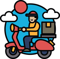 A man is riding a red scooter with a box on the back