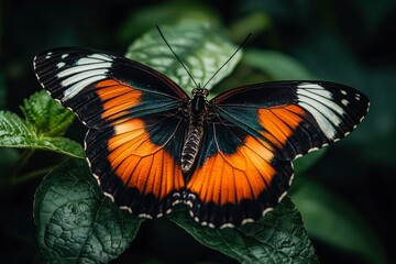 Naklejka premium A Close-Up of an Orange and Black Butterfly Resting on Green Leaves