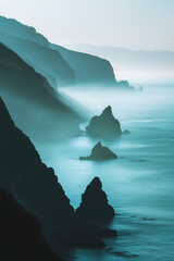 Coastal Serenity: A tranquil seascape with misty mountains, sea stacks, and a touch of blue hues, evokes a sense of calmness and peace. 