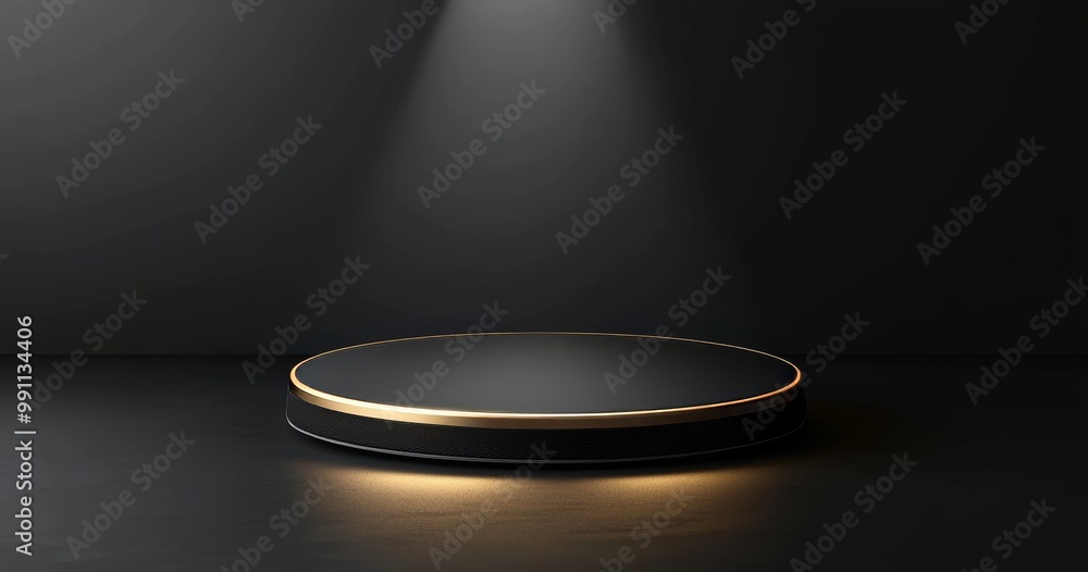 Poster architect's rendering of an empty 3d room mockup with products displayed on a golden platform at nig