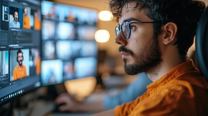 Fototapeta premium Focused young man editing video content on multiple screens in a modern workspace.