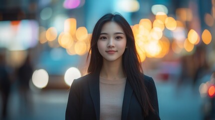 Obraz premium A woman with long, black hair is standing in a city street at night. The lights of the city are blurred in the background.