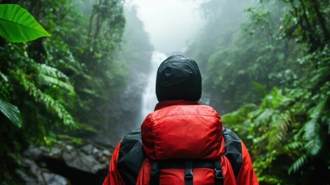 Back view of a traveler in a red jacket and black backpack standing in front of a misty waterfall deep in a lush rainforest.