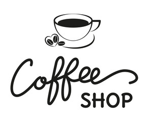 Caption: coffee shop. Drawing of a coffee cup with a heart and coffee beans. For advertising, poster, poster, postcard. Vector illustration.