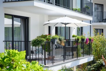 Balcony Garden of Residential House with Shutter Windows. Flowering Balcony Garden with Flowers, Facade View.