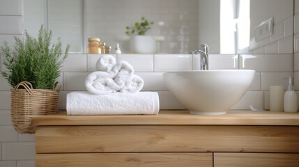 A serene bathroom scene featuring neatly arranged white towels on wooden countertop, complemented by stylish bowl sink and touch of greenery. atmosphere is calm and inviting.