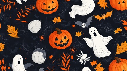 Halloween seamless pattern with pumpkins, ghosts, spiders, and bats on a black background.