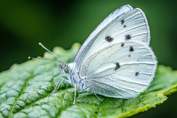 White Butterfly with Black Spots Resting on Green Leaf