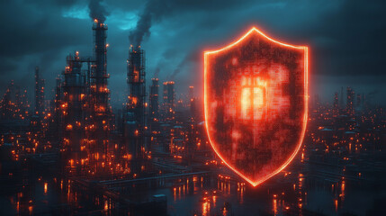 Obraz premium Digital shield over futuristic city.