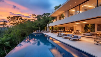 Obraz premium Modern luxury villa with infinity pool overlooking a lush jungle at sunset.