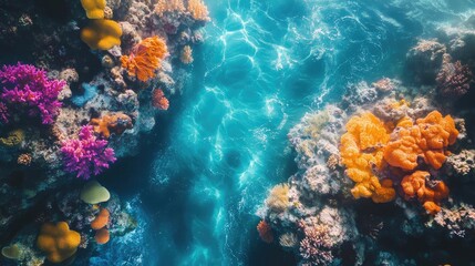 Obraz premium Aerial symphony of underwater worlds, vibrant coral reefs pulse with sound waves, harmony of nature and music