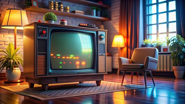 Close-up of retro TV gaming setup with eighties arcade video game in cozy living room, vintage technology and nostalgic decor elements