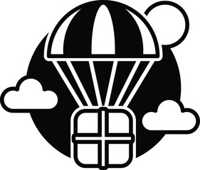 A cartoon of a box with a cross on it and a parachute above it