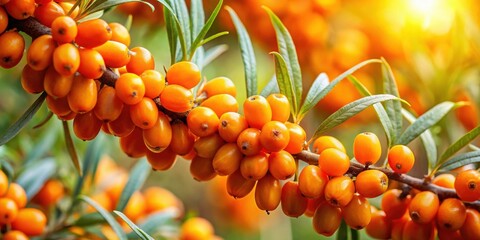 Bright orange sea buckthorn berries on a branch, healthy, organic, vitamin C, nutrition, skincare, antioxidant, thorny