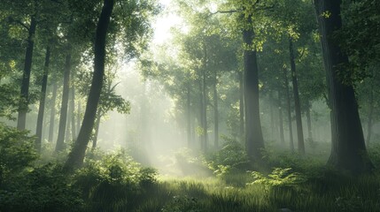 Obraz premium Sunlight streams through the dense canopy of a misty forest, illuminating a path leading through the undergrowth.