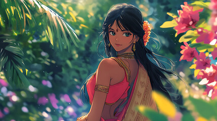 Indian anime girl in a beautiful anarkali dress, admiring the colours of a bustling festival