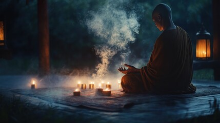 A monk in a traditional orange robe sits in a dark forest with candles and smoke around him.