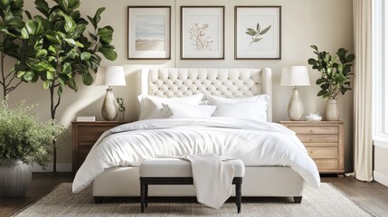 Luxurious bedroom interior with a tufted headboard, white bedding, and framed artwork.