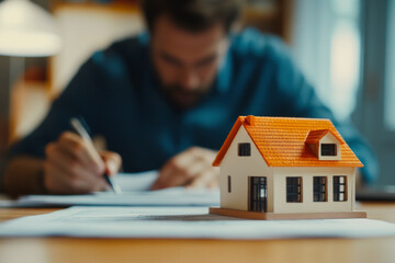 Close-up of miniature house model on desk with person signing real estate documents in background. Concept of property investment or real estate transactions