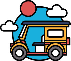 A yellow and orange tuk tuk vehicle with a blue background