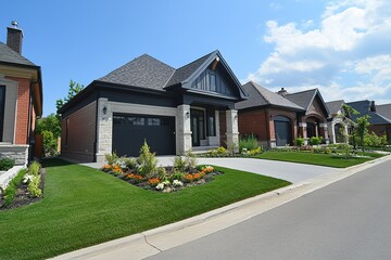 Suburban street with modern houses manicured lawns and quiet atmosphere during a sunny afternoon.