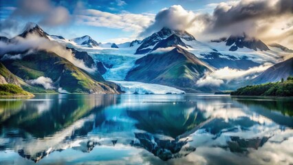 Obraz premium Glacier stretching across misty mountains reflecting in calm waters, showcasing peaceful isolation and nature's grandeur