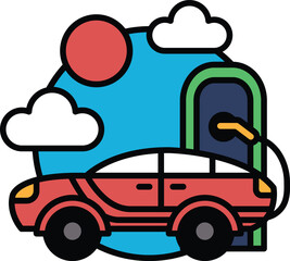 A red car is parked next to a charging station