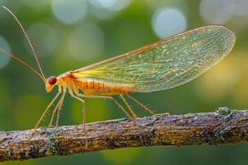 A Lacewing Insect With Transparent Wings Perched on a Branch