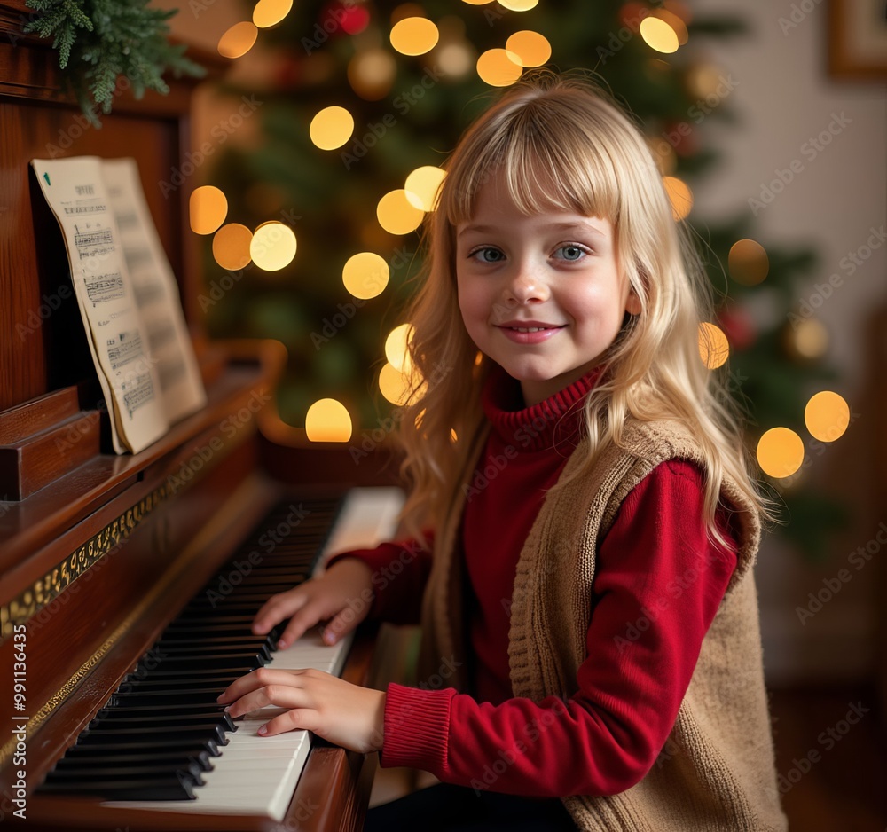 Wall mural Young Girl Playing Piano with Christmas Tree Lights