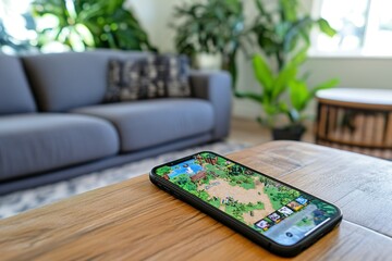 Smartphone on a coffee table with augmented reality app open showing a virtual game overlay.