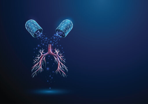 Opened blue medical drug capsule with falling particles and bronchial tree. Healthcare medical pharmacy concept.