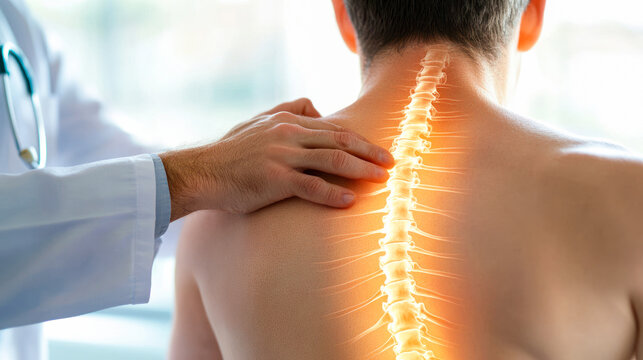 Chiropractor examining patient with back pain in clinic. Physiotherapist working examining treating injured back of male patient with spine x-ray visualization, Rehabilitation therapy. spinal health