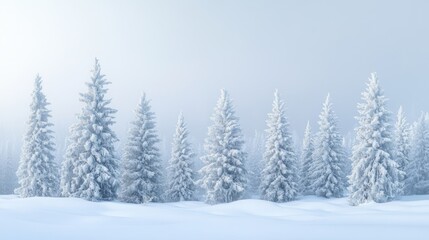 Fototapeta premium A serene winter landscape featuring snow-covered trees in a foggy atmosphere.
