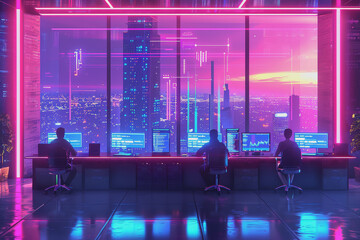 A Hitech office with programmers sitting near a table with laptops.