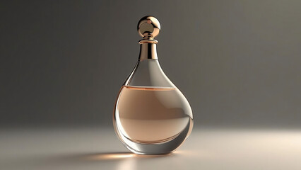 Elegant perfume bottle with a modern teardrop shape and metallic accents. The sleek design features a transparent glass body filled with a light amber liquid, topped with a reflective gold-tone