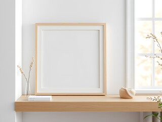 Wooden frame on shelf in cozy, naturally lit room