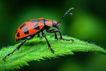 Fototapeta premium Red and Black Beetle on a Green Leaf