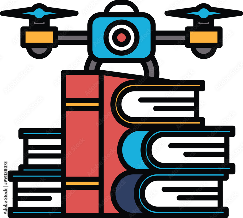 Poster a drone is hovering over a stack of books
